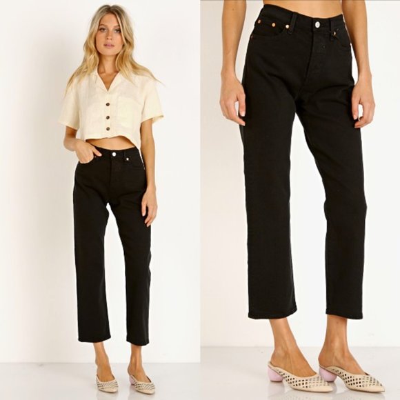 Levi's Denim - Levi’s Wedgie Straight Jeans Cropped Straight Leg High Rise Button Fly Black 27